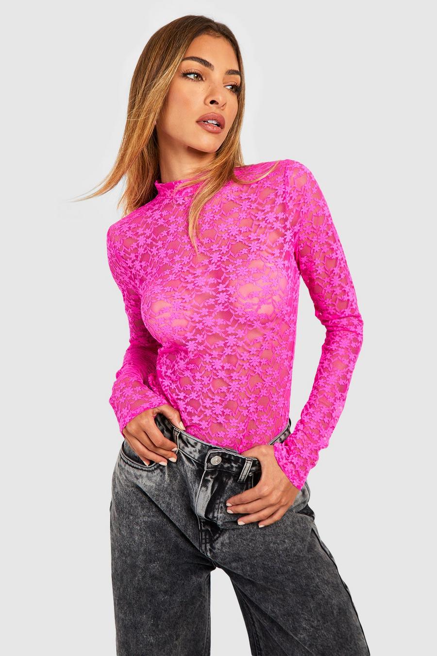 Magenta rosa Lace High Neck Bodysuit image number 1