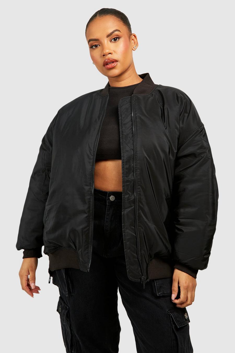 Giacca Bomber Plus Size oversize con ruches sul retro, Black image number 1