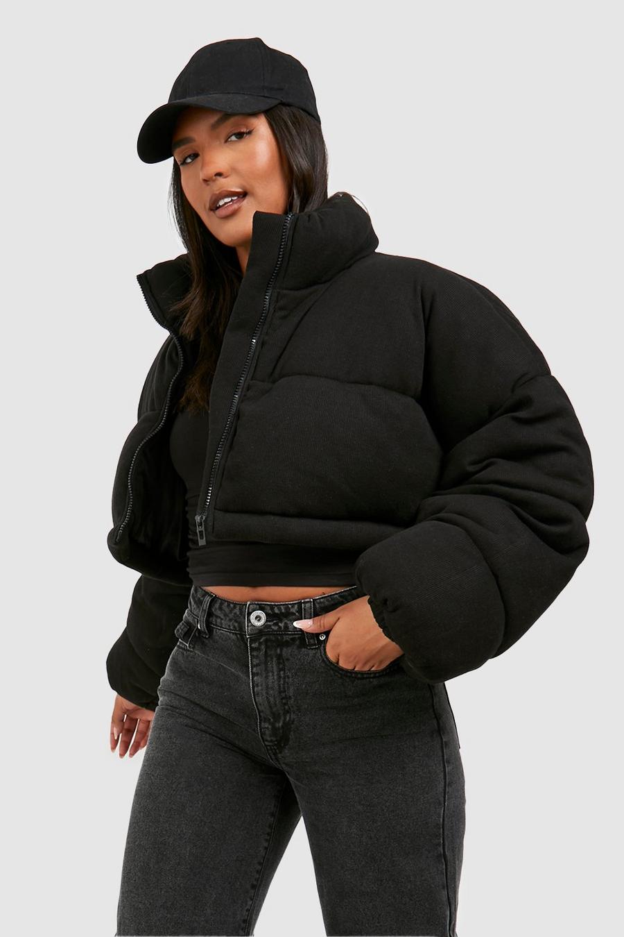 Black Plus Knitted Crop Puffer Jacket  image number 1