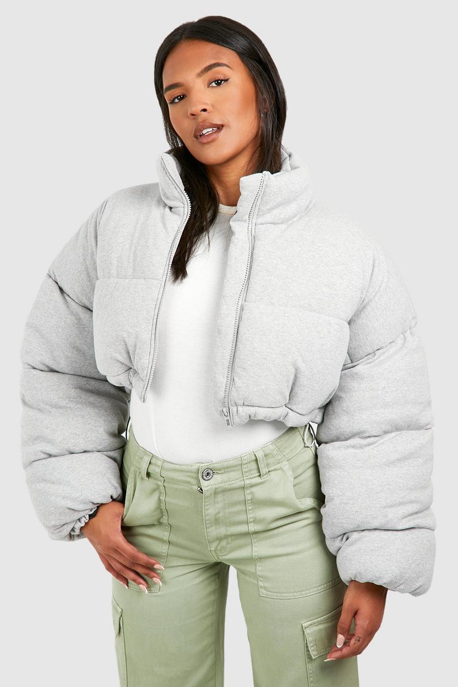 Grey Plus Knitted Crop Puffer Jacket  image number 1