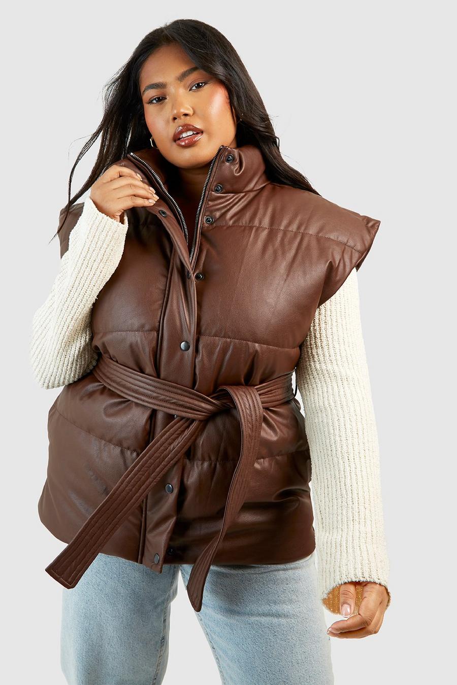 Chocolate marron Plus Faux Leather Belted Gilet 