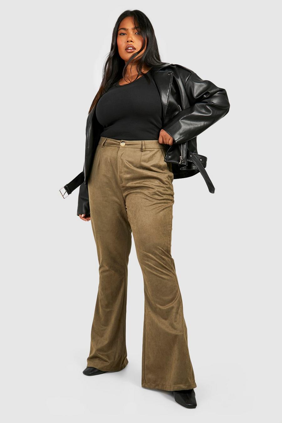 Khaki Plus Suedette Flared Trousers  image number 1