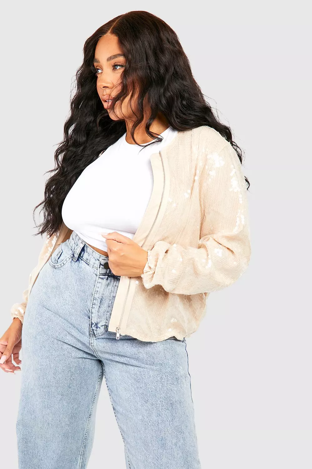 Beige Plus Sequin Bomber Jacket alternative image