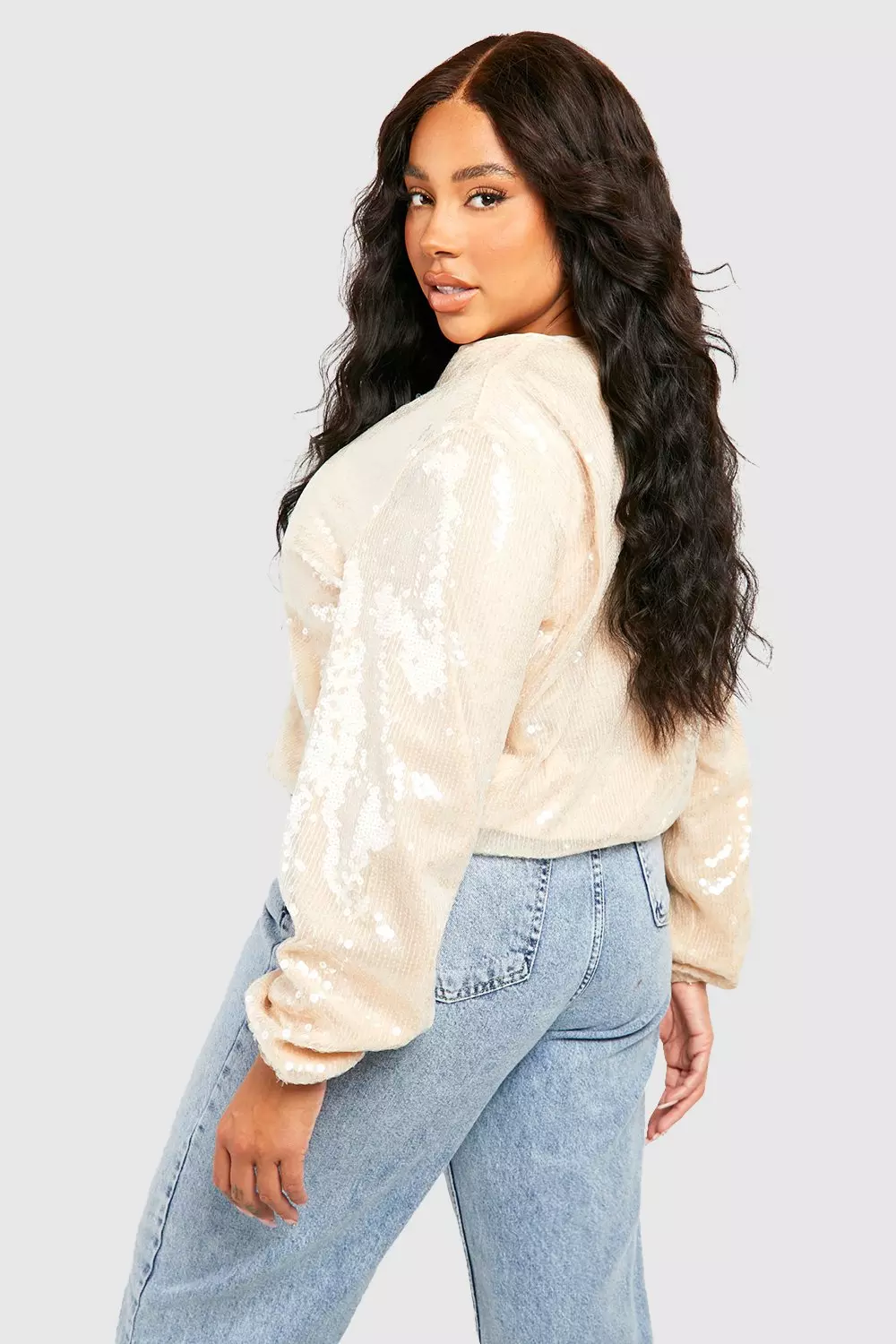 Beige Plus Sequin Bomber Jacket alternative image