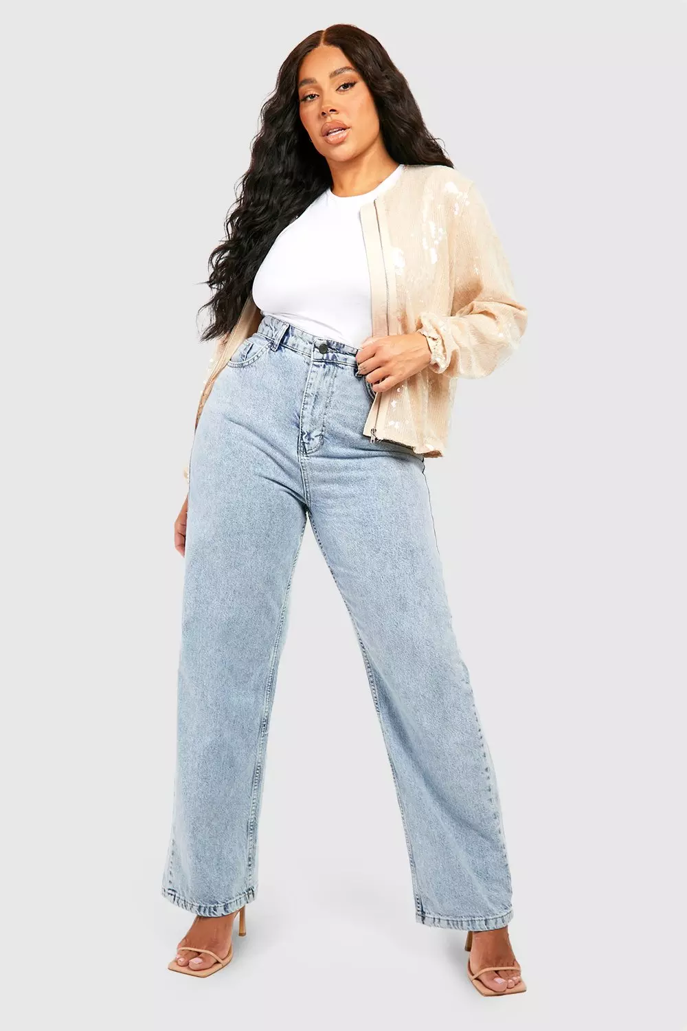 Beige Plus Sequin Bomber Jacket alternative image