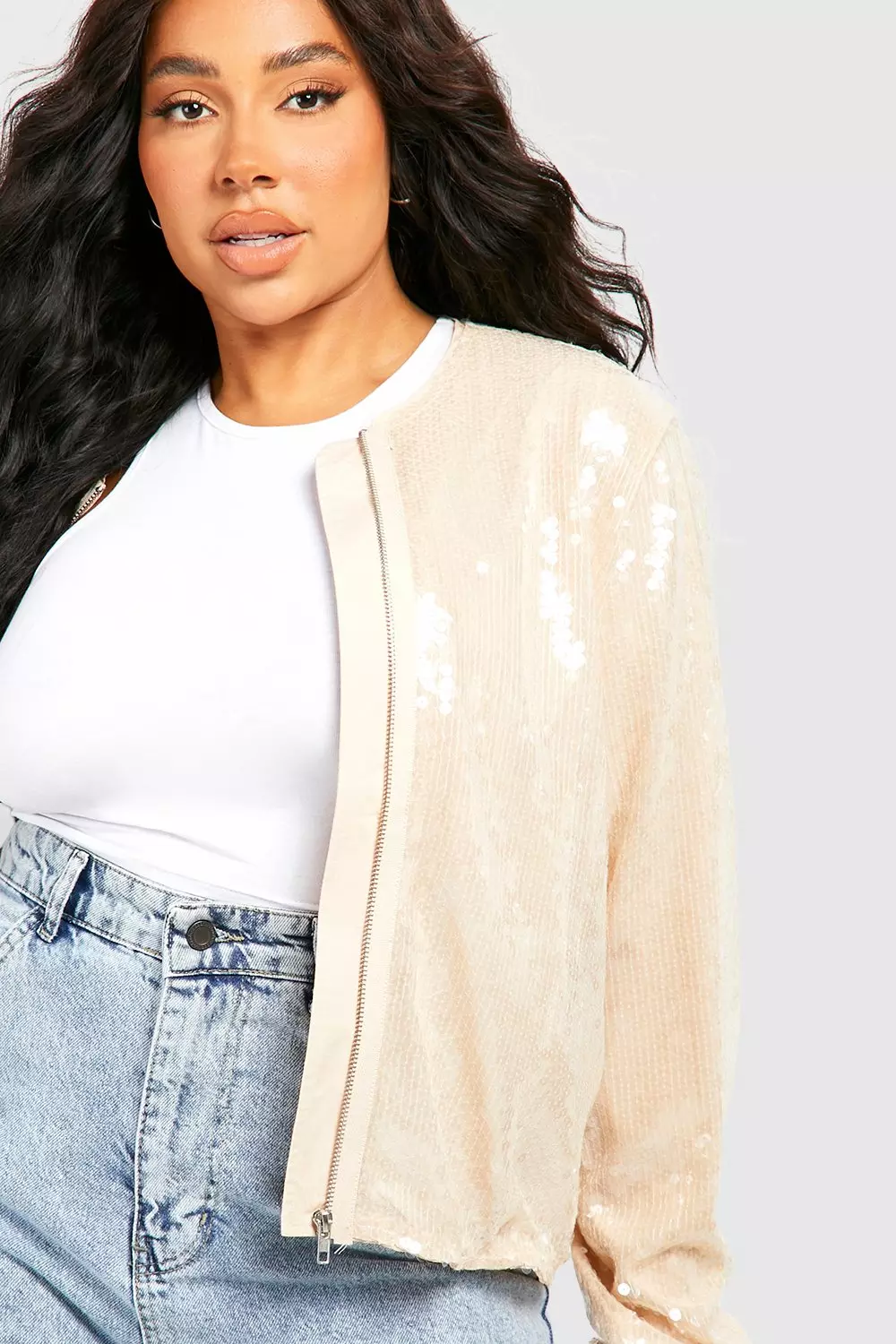 Beige Plus Sequin Bomber Jacket alternative image