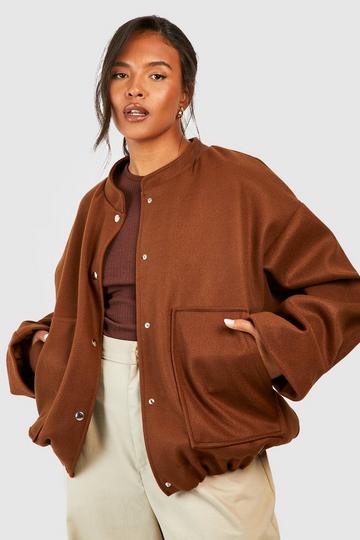 Chocolate Brown Plus Wide Sleeve Bomber Jacket