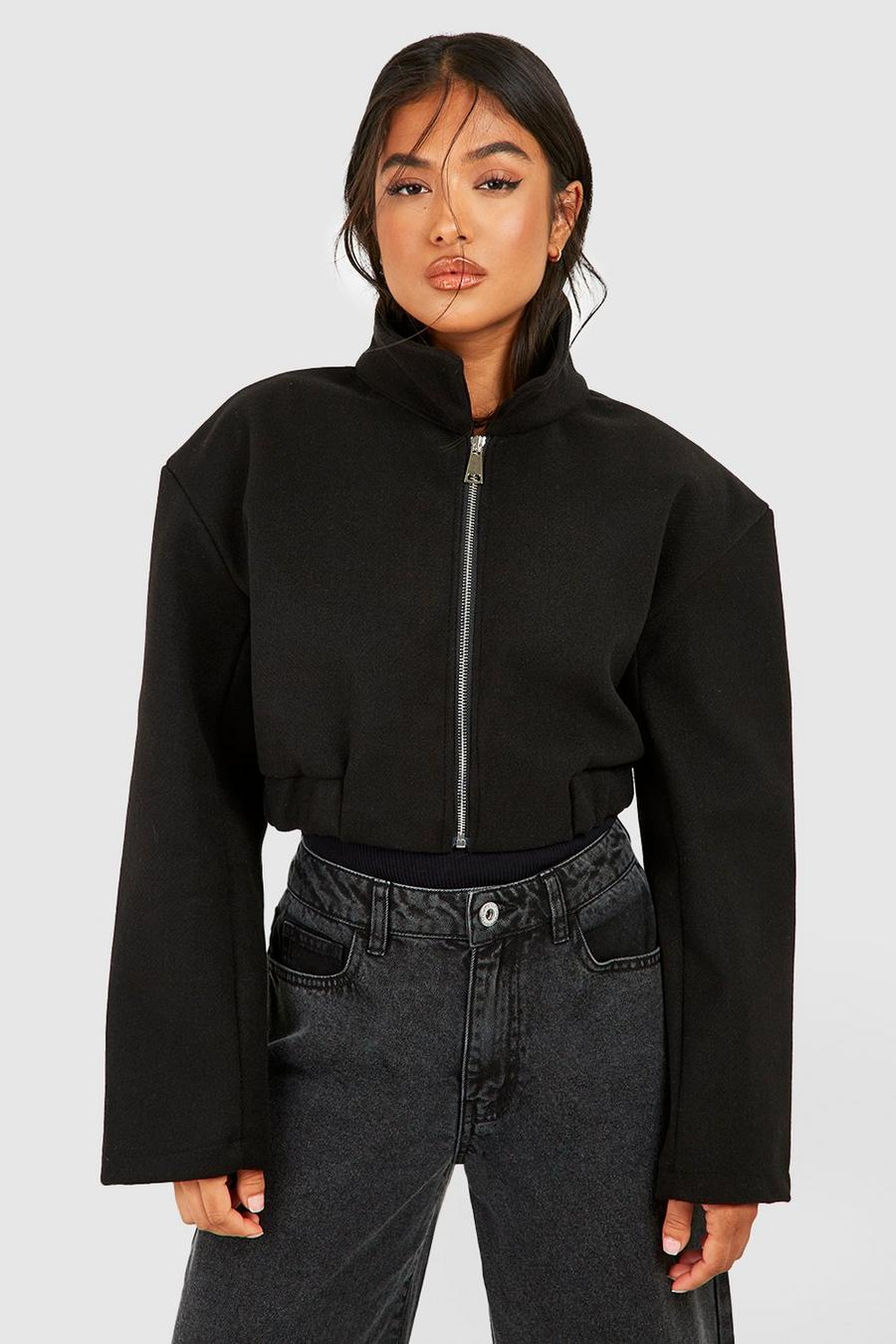 Black Petite Wool Look Cropped Zip Up Jacket    