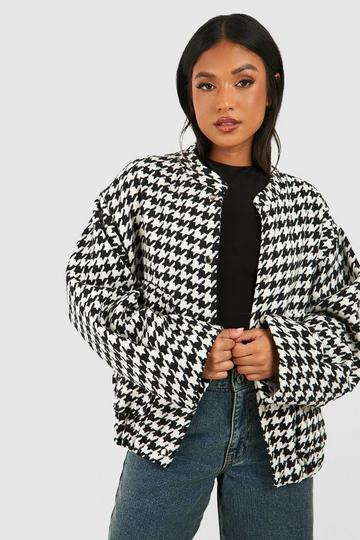 Cream White Petite Dogtooth Bomber Jacket