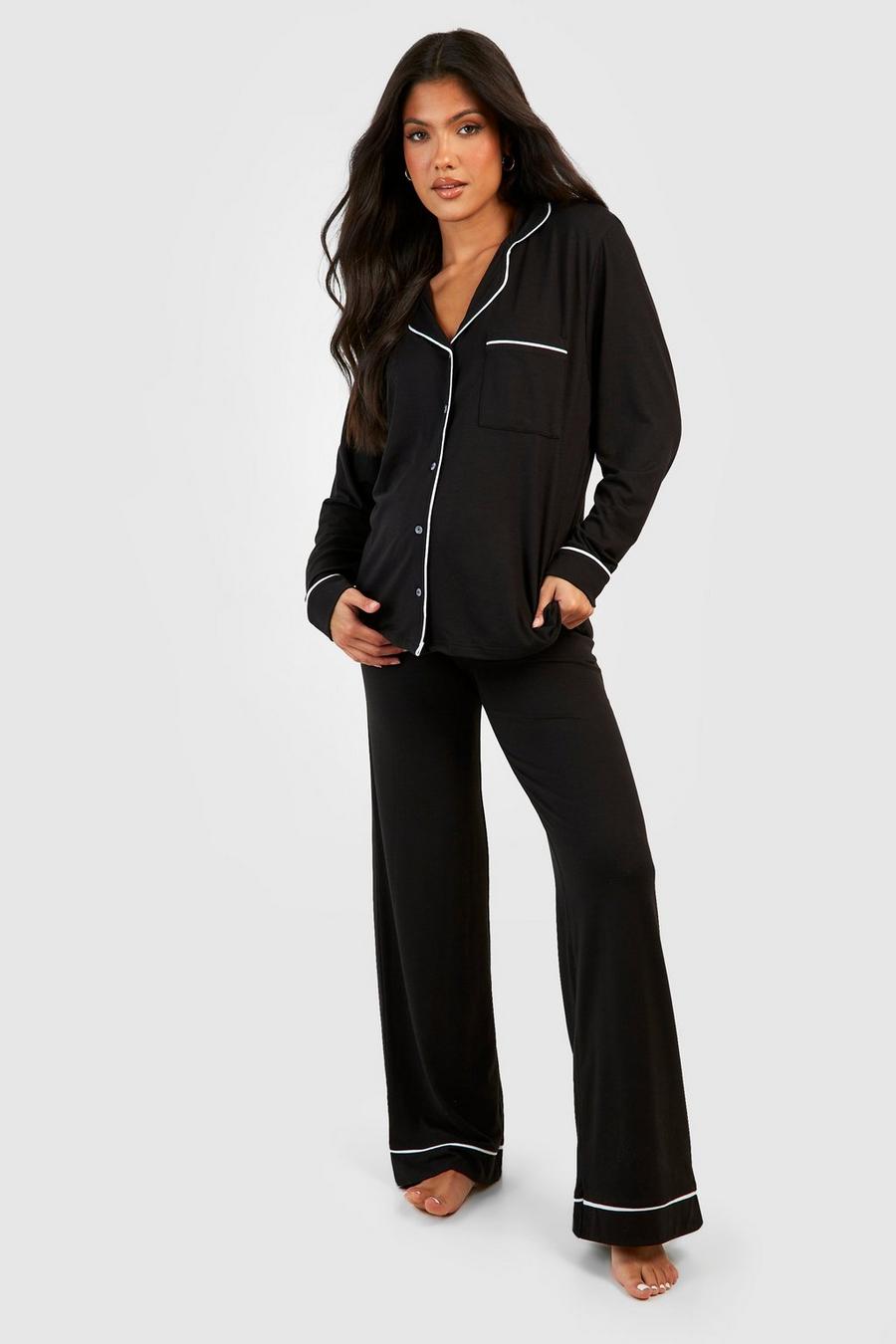 Black Maternity Jersey Knit Piping Button Down Pajamas image number 1