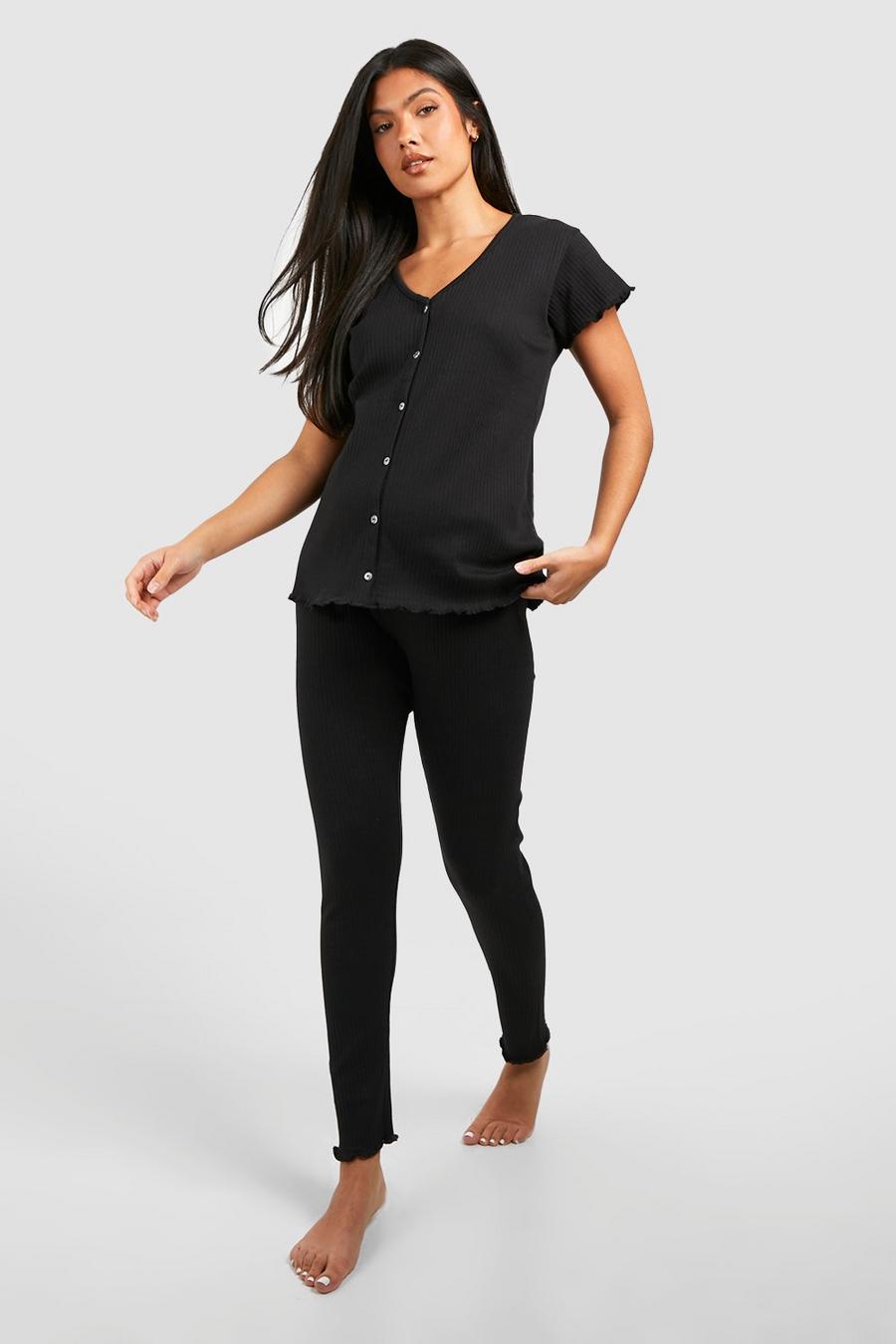 Black Zwangerschap Geribbeld T-Shirt Met Knopen En Leggings Set image number 1