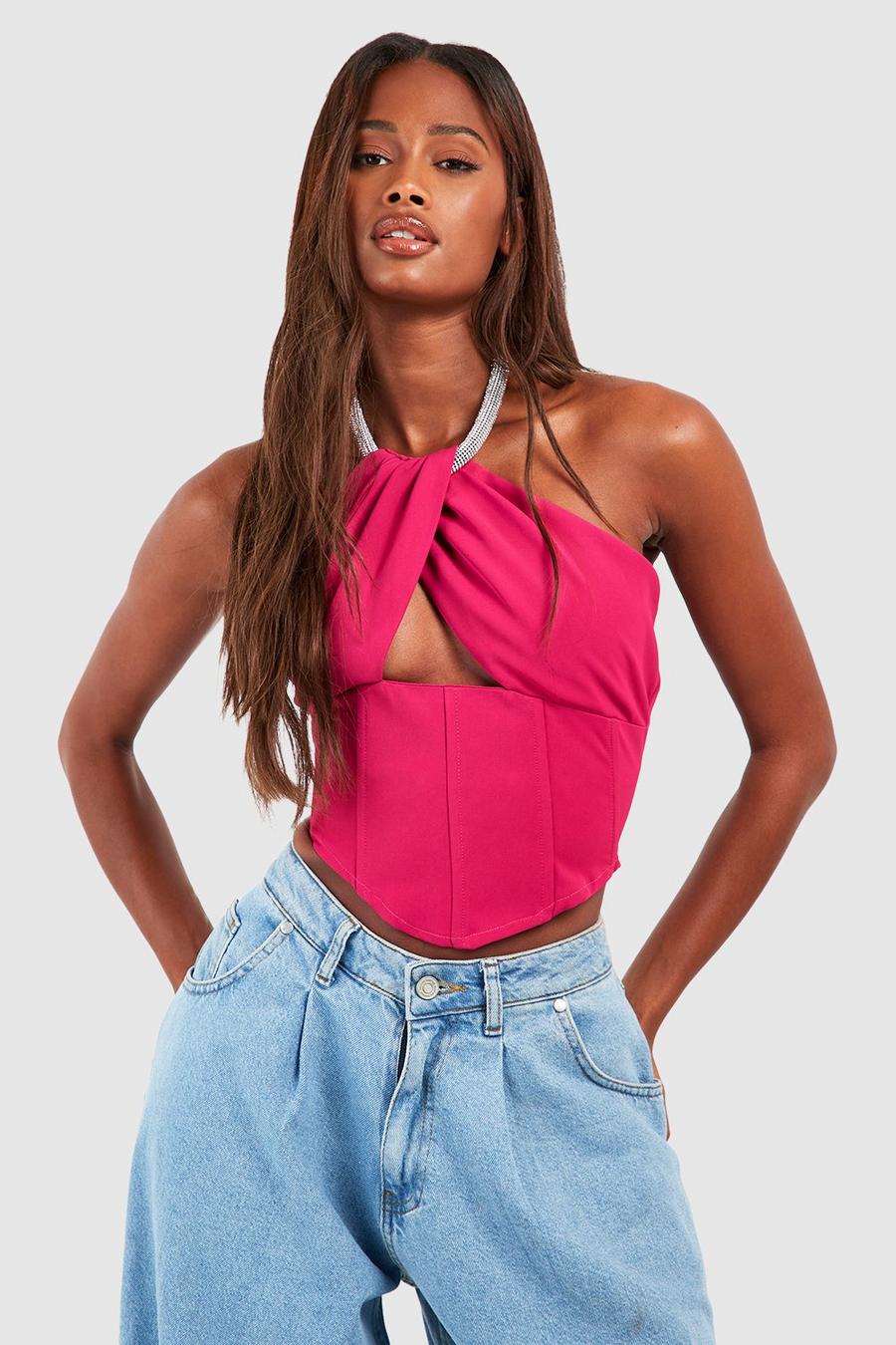 Hot pink Rhinestone Halter Cut Out Crop Top image number 1