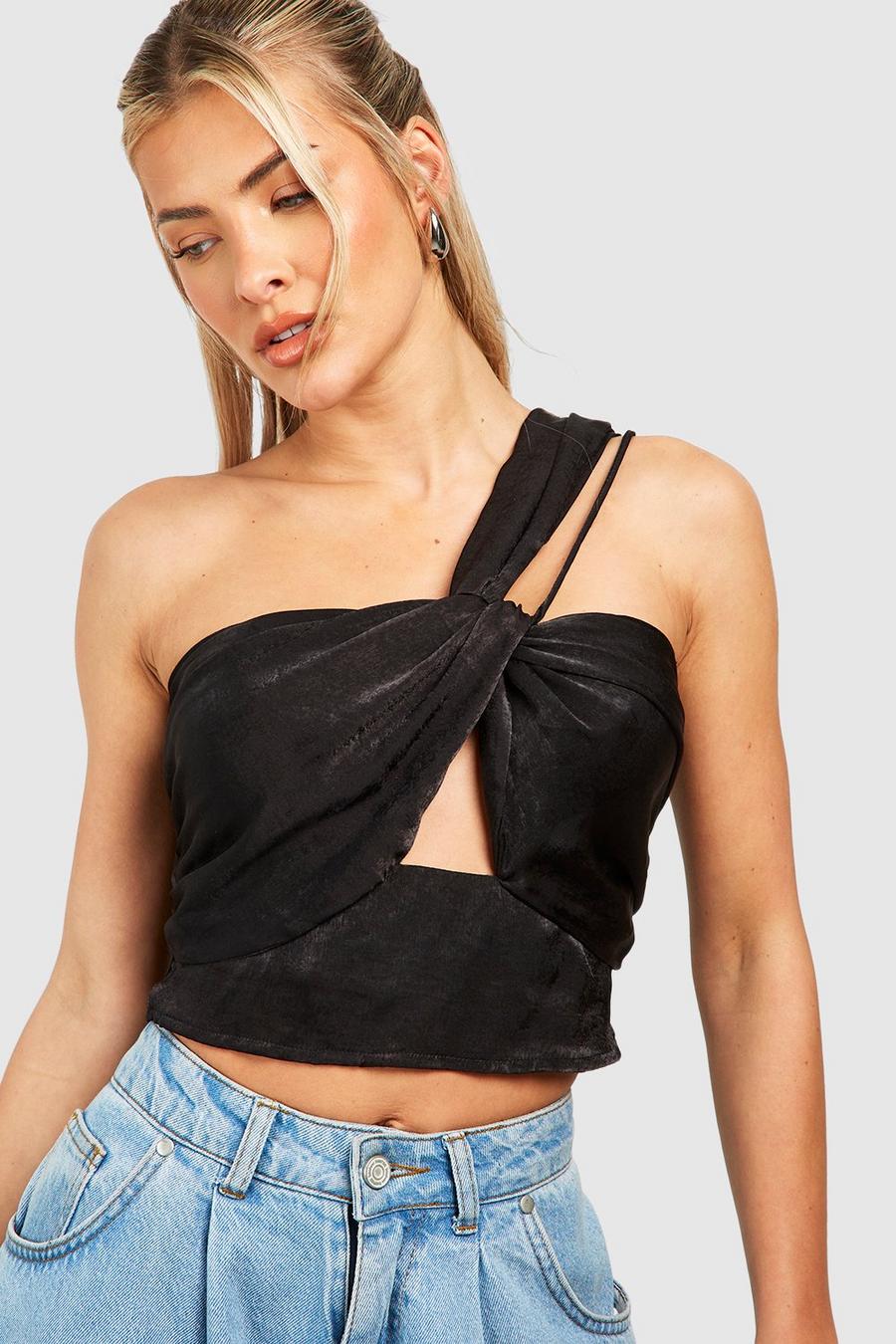 Crop top asimmetrico in raso con cut-out, Black image number 1
