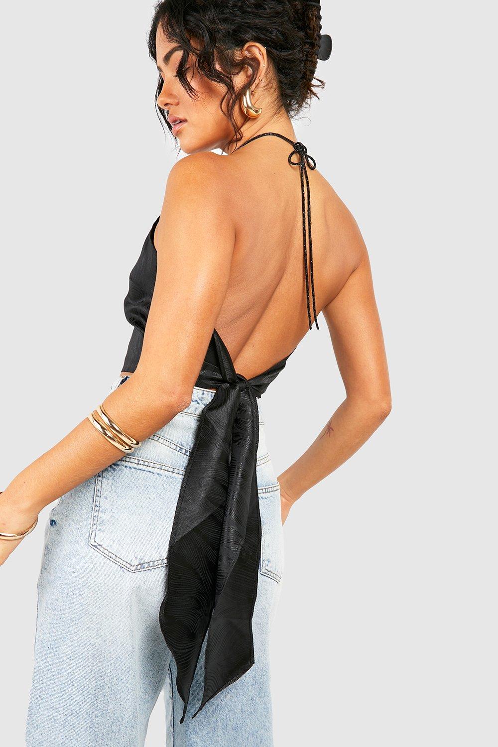 Textured Satin Glitter Halterneck Crop Top