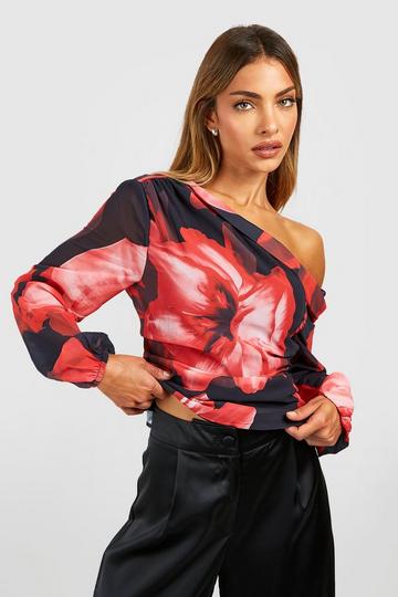 Floral Print One Shoulder Tie Blouse black