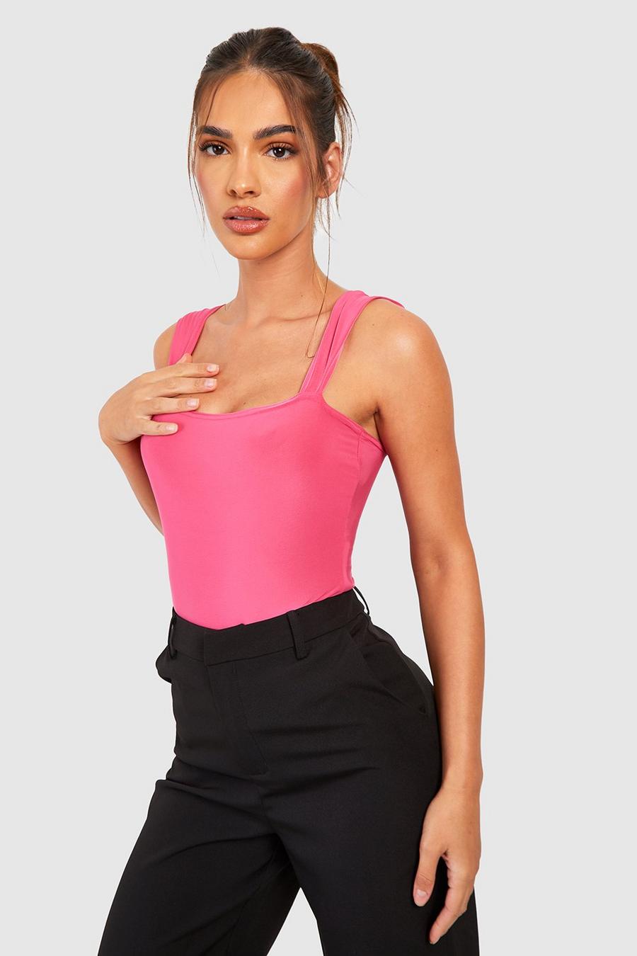Hot pink Slinky Square Neck Cap Sleeve Bodysuit  image number 1