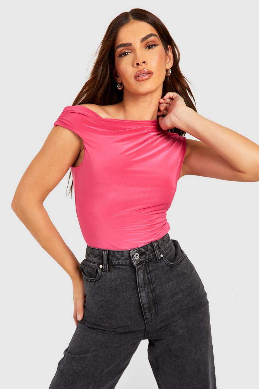 Hot pink Slinky Off The Shoulder Asymmetric Bodysuit image number 1