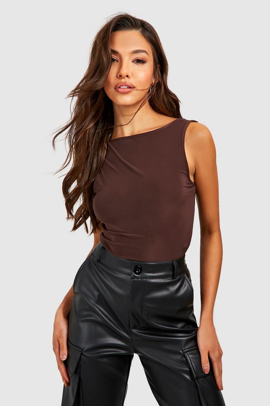 ASOS DESIGN seamless open back bodysuit with skinny straps in brown