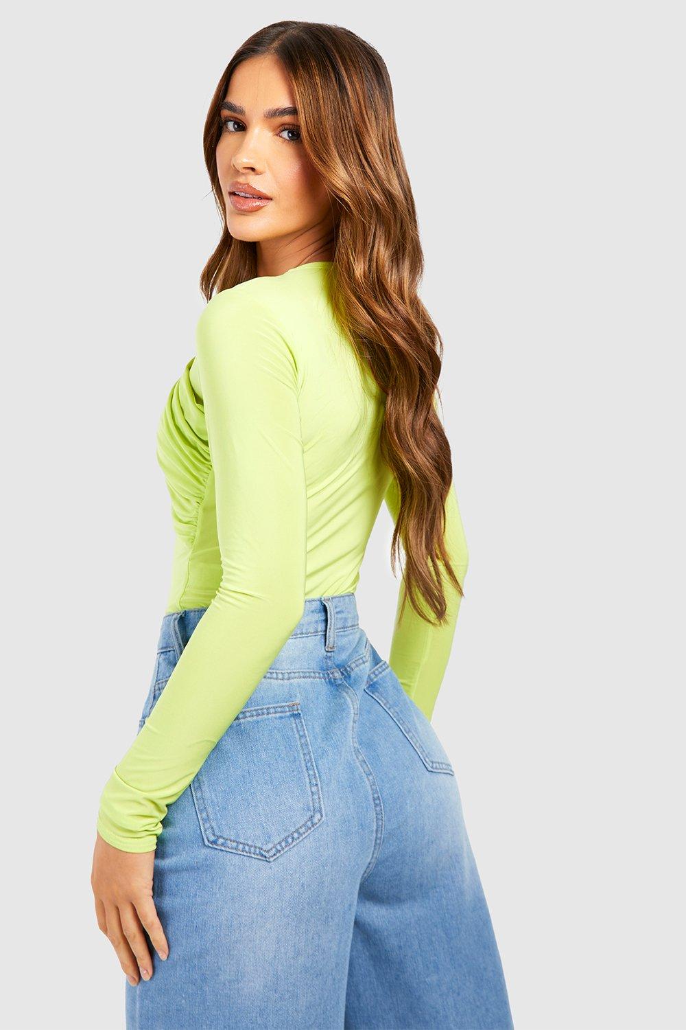 Lime Slinky Wrap Detail Long Sleeve Bodysuit boohoo UK