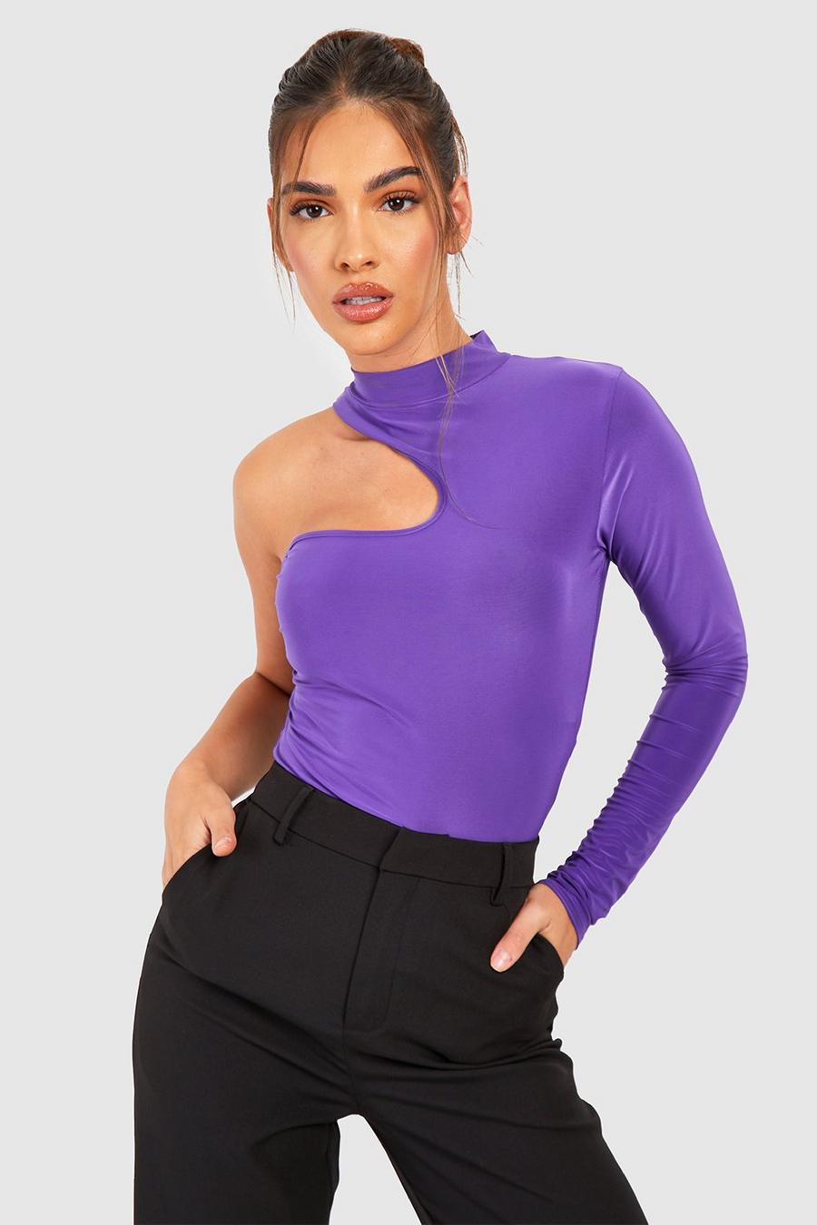 Purple Slinky High Neck Cut Out Bodysuit  image number 1