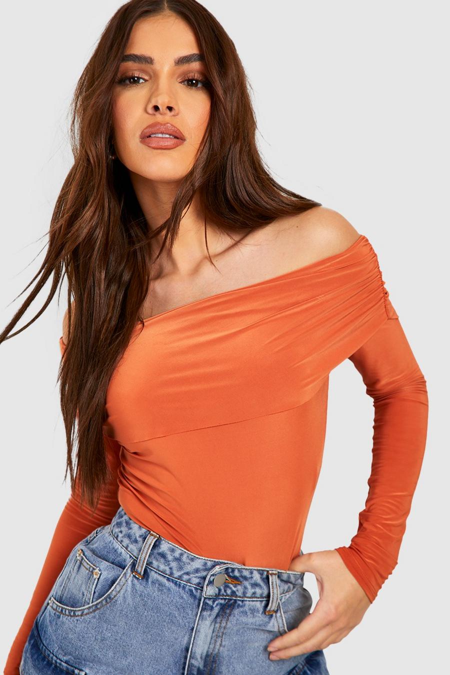 Rust orange Slinky Drape One Shoulder Long Sleeve Bodysuit  image number 1