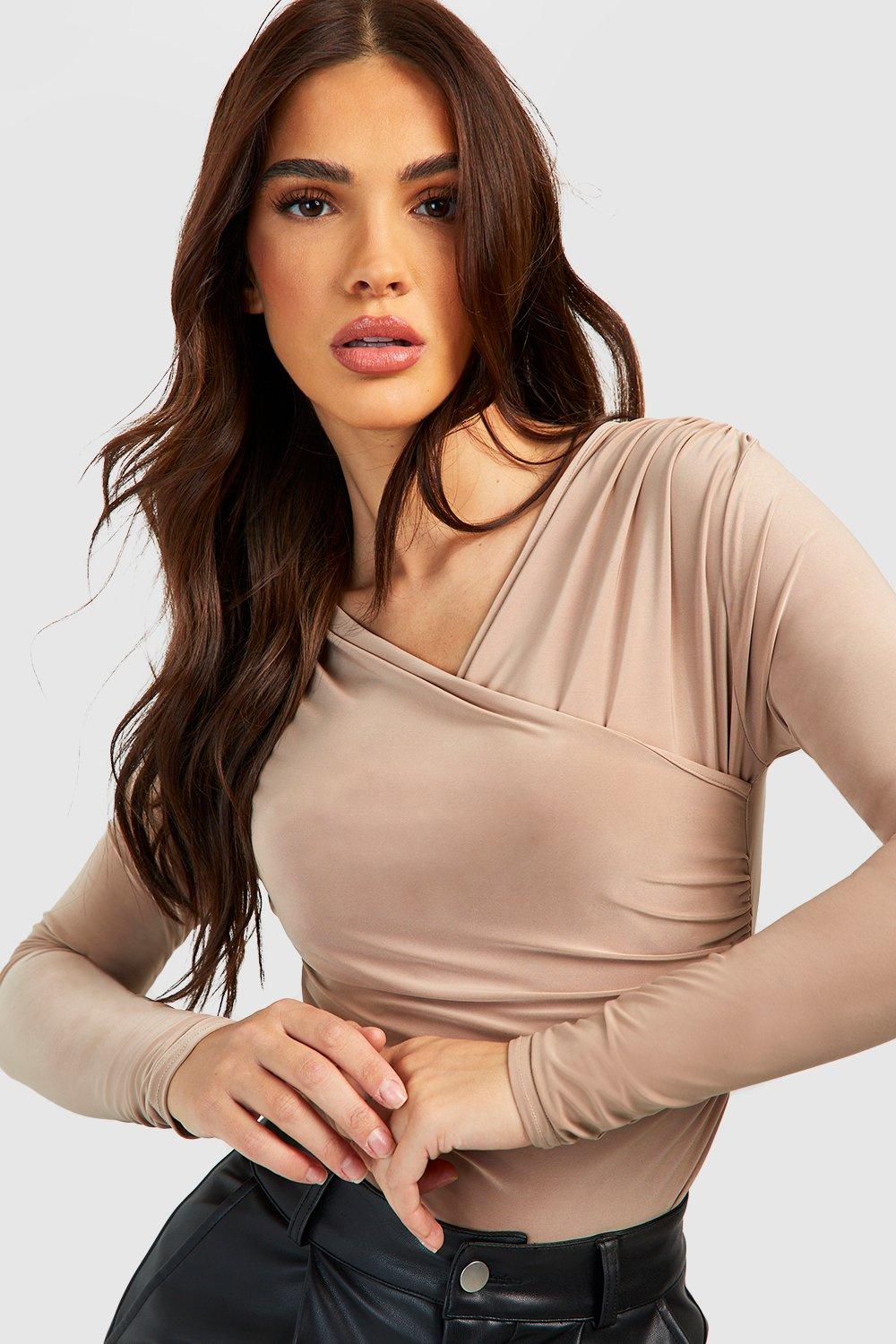 Women's Taupe Slinky V Neck Long Sleeve Bodysuit