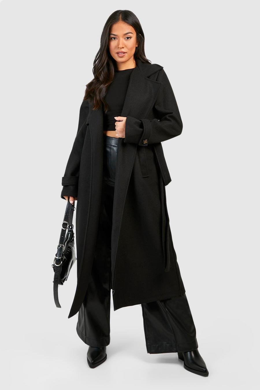 Black Petite Belted Wool Look Trench
