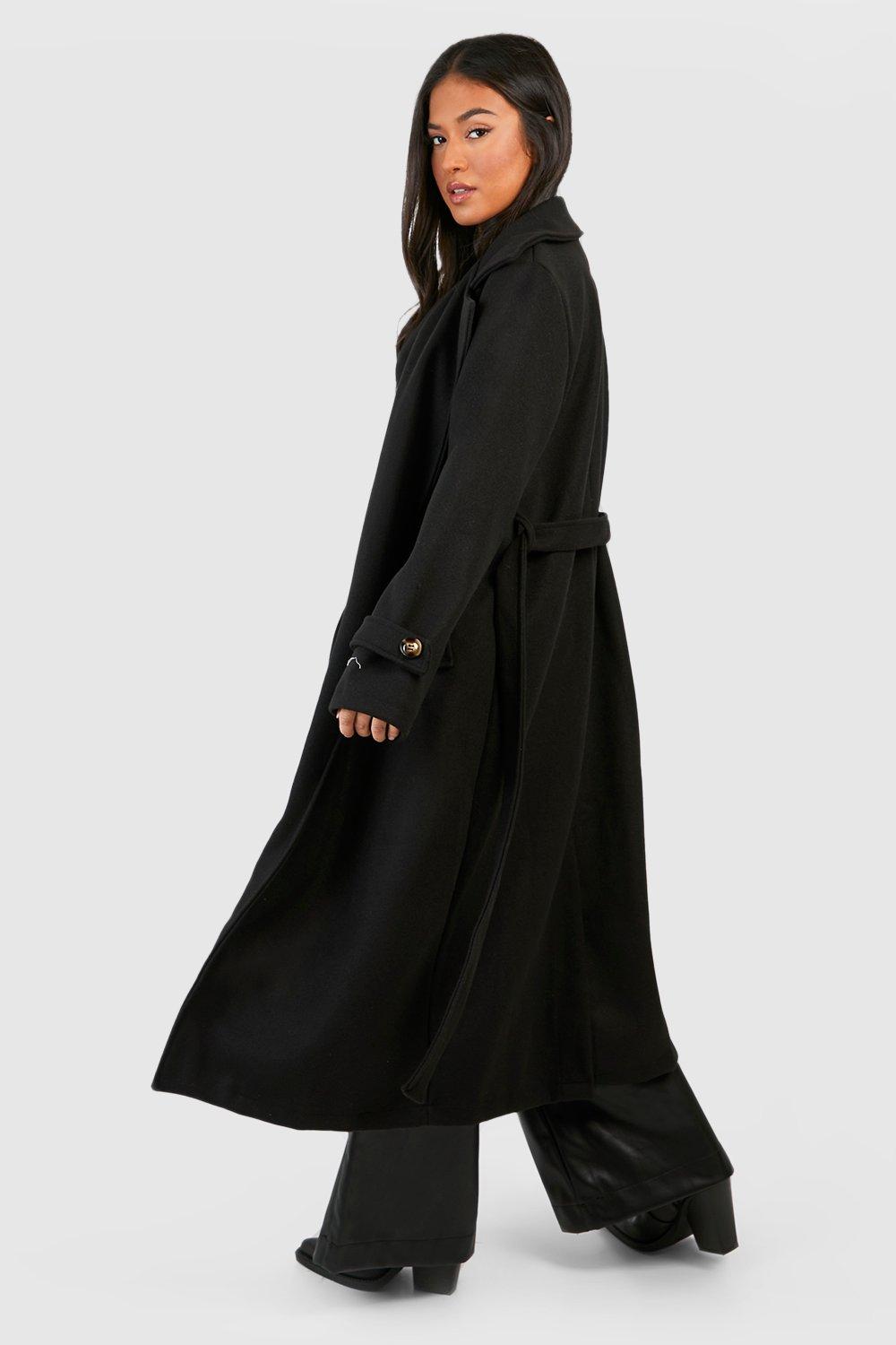 Boohoo belted wool look 2025 trench coat in black