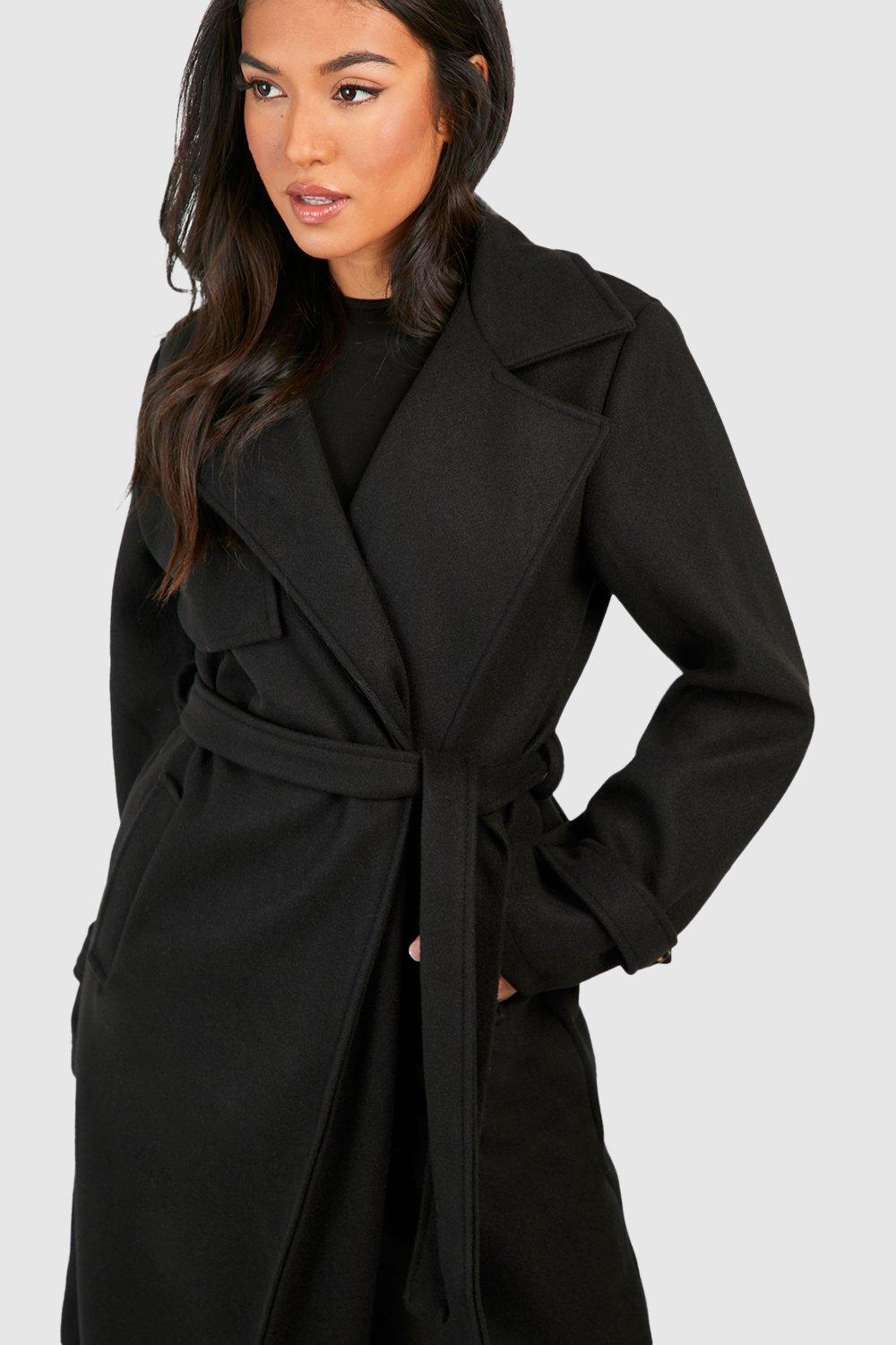 Petite Belted Wool Look Trench boohoo