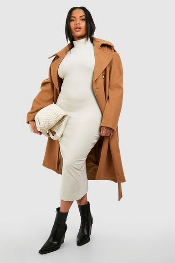 Plus Cotton Roll Neck Midi Dress stone