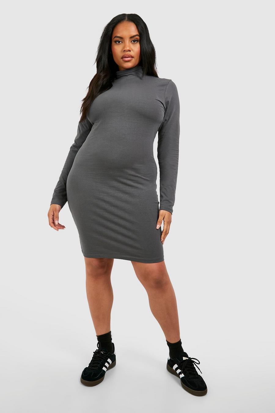 Charcoal Plus Cotton Roll Neck Bodycon Dress image number 1