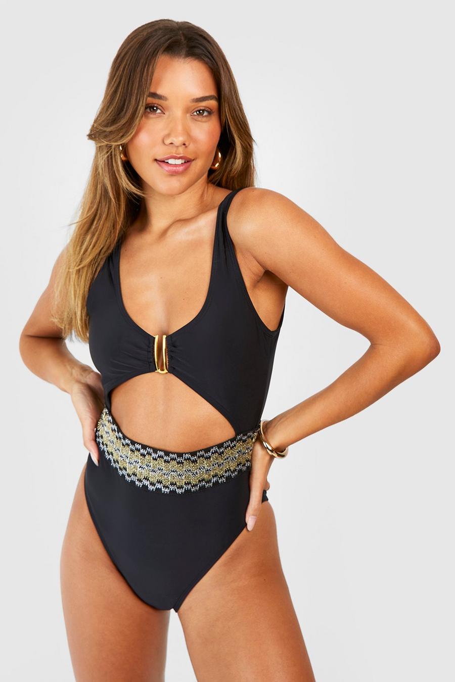 Black Embroidered Tape Cut Out Swimsuit image number 1
