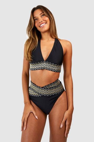 Black Embroidered Tape Plunge Bikini Top