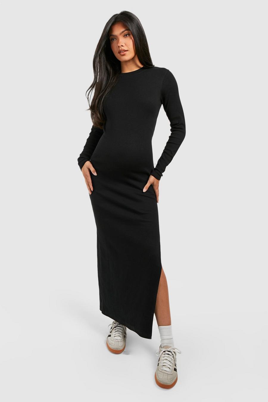 Black Maternity Basic Crew Neck Long Sleeve Maxi Dress