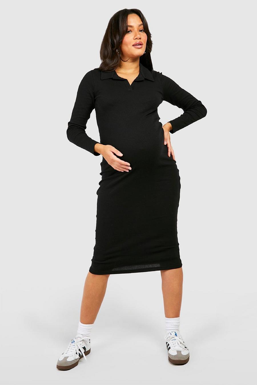 Black Maternity Collared Long Sleeve Midi Dress