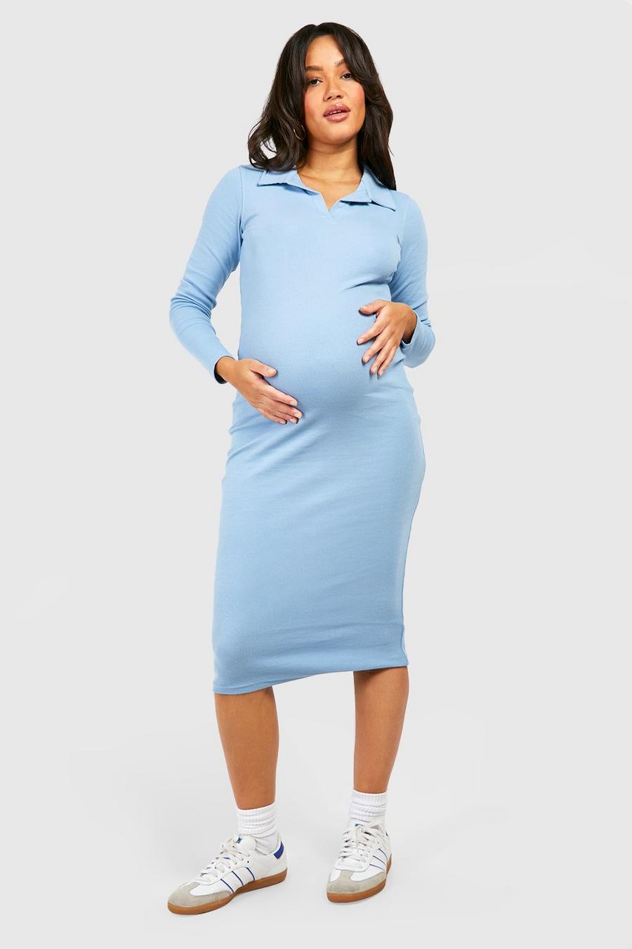 Pale blue azul Maternity Collared Long Sleeve Midi Dress