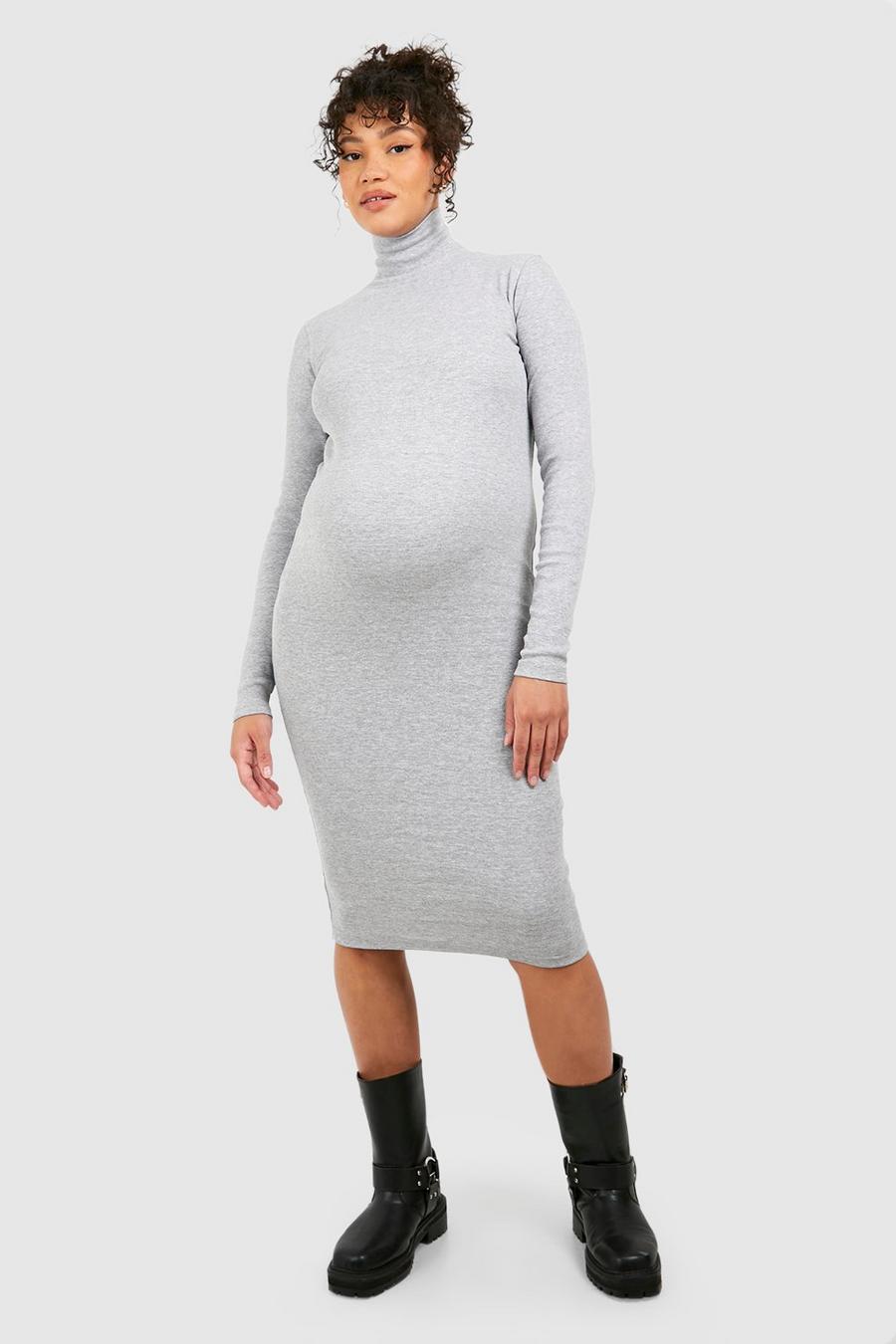 Grey marl gris Maternity Roll Neck Long Sleeve Midi Dress