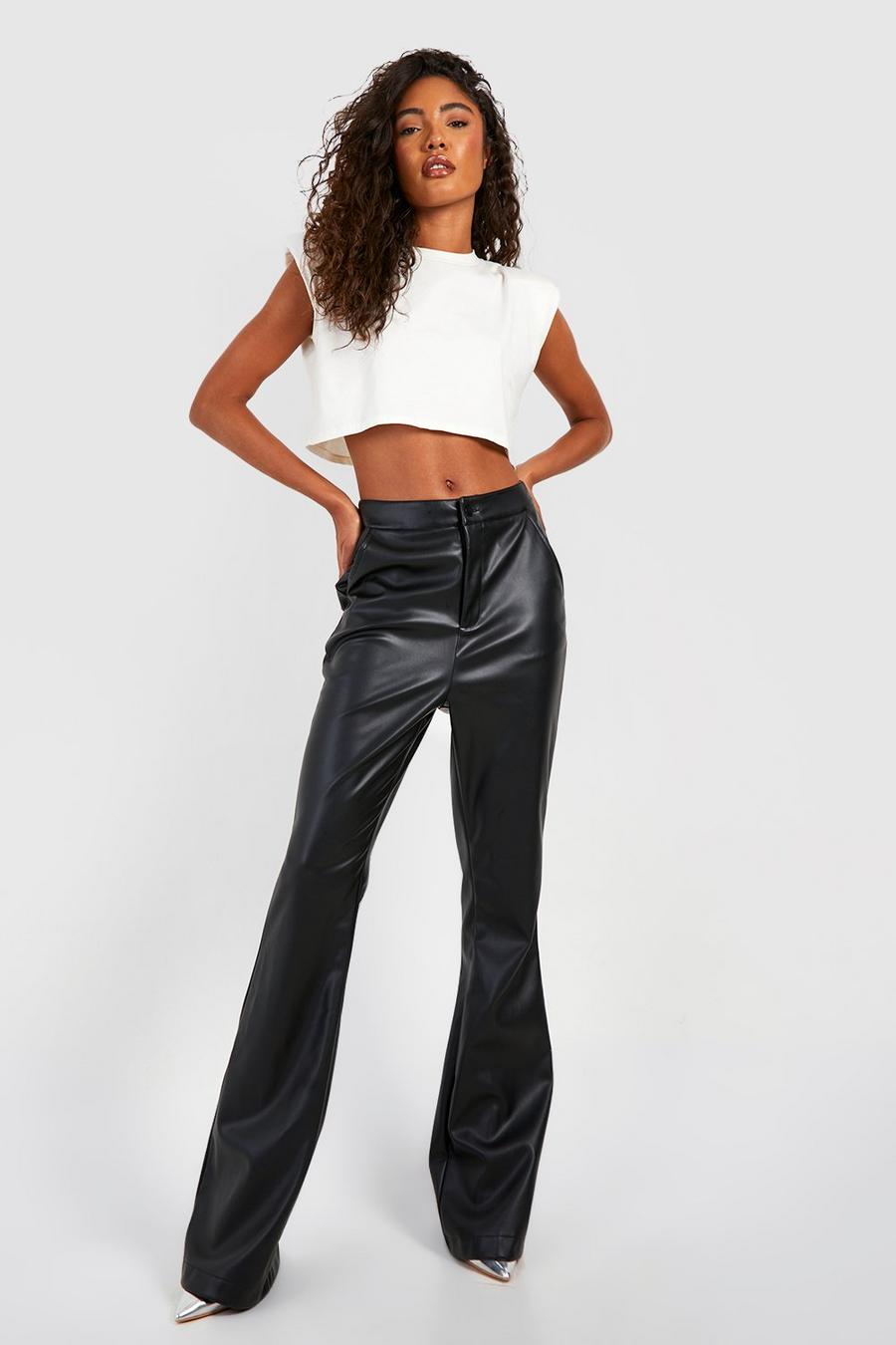 Black Tall Faux Leather High Waisted Flared Pants image number 1