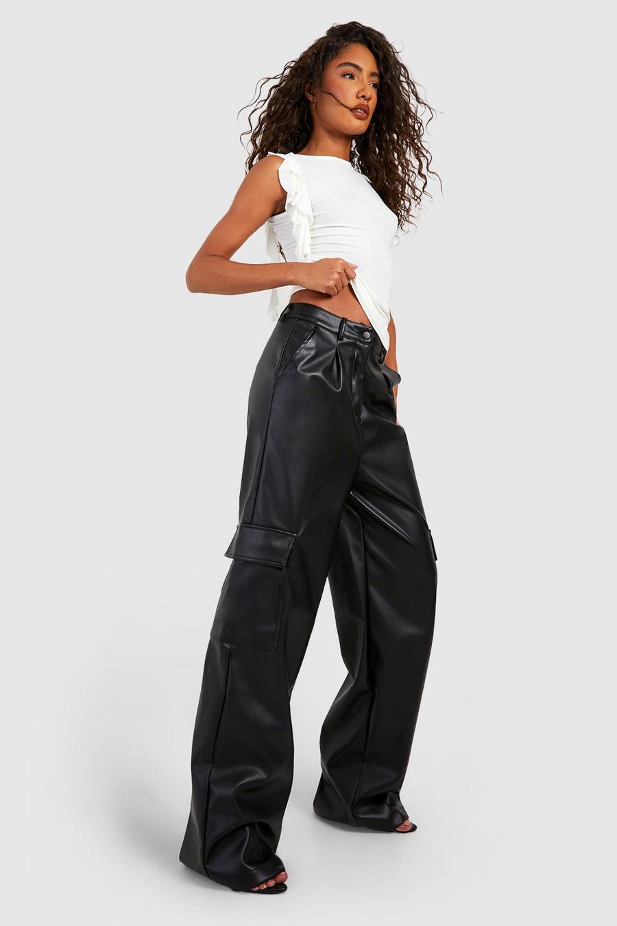Black Tall Leather Look High Waisted Cargo Pants