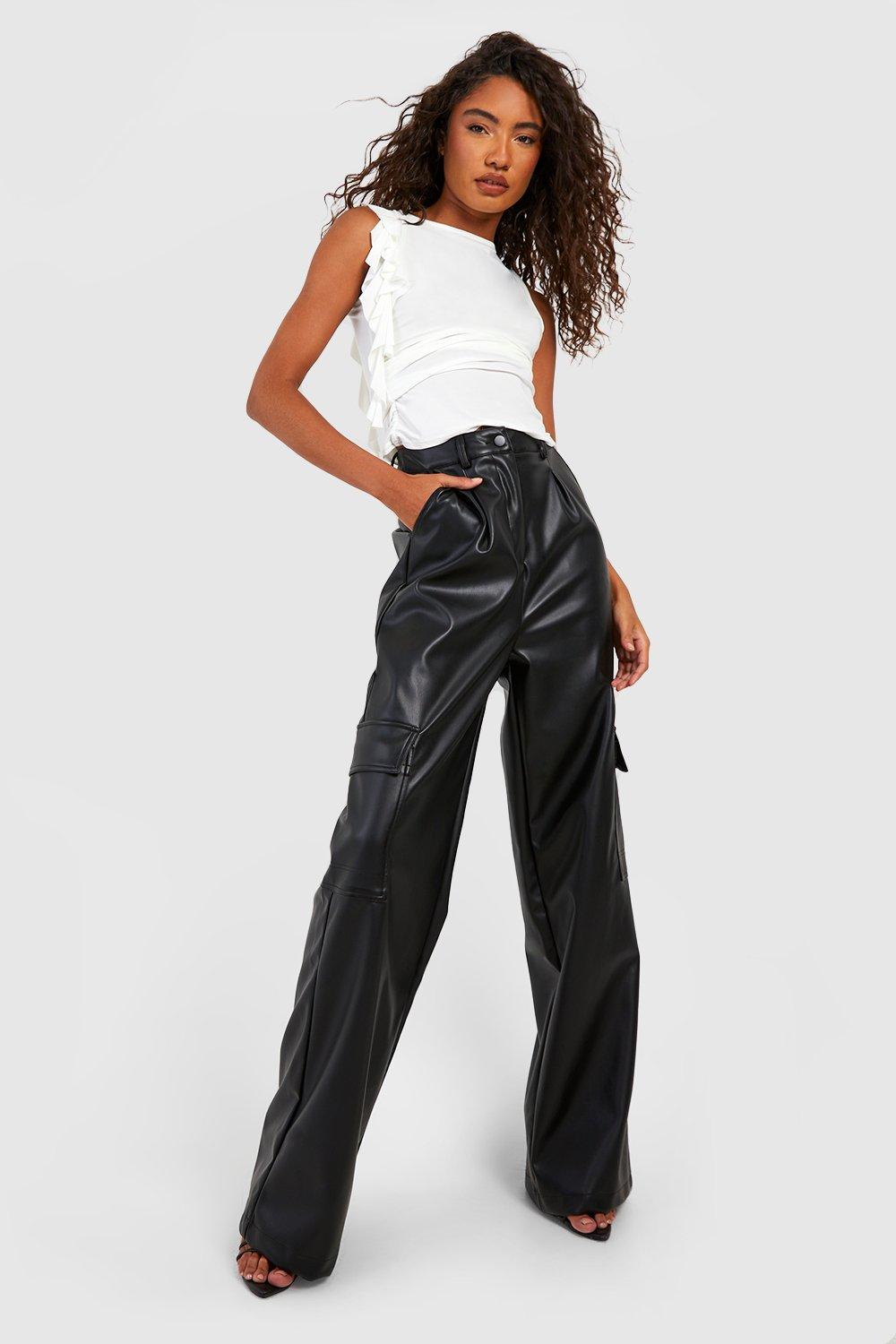 Express High Waisted Faux Leather Wide Leg Palazzo Cargo Pant Green Women's  Short