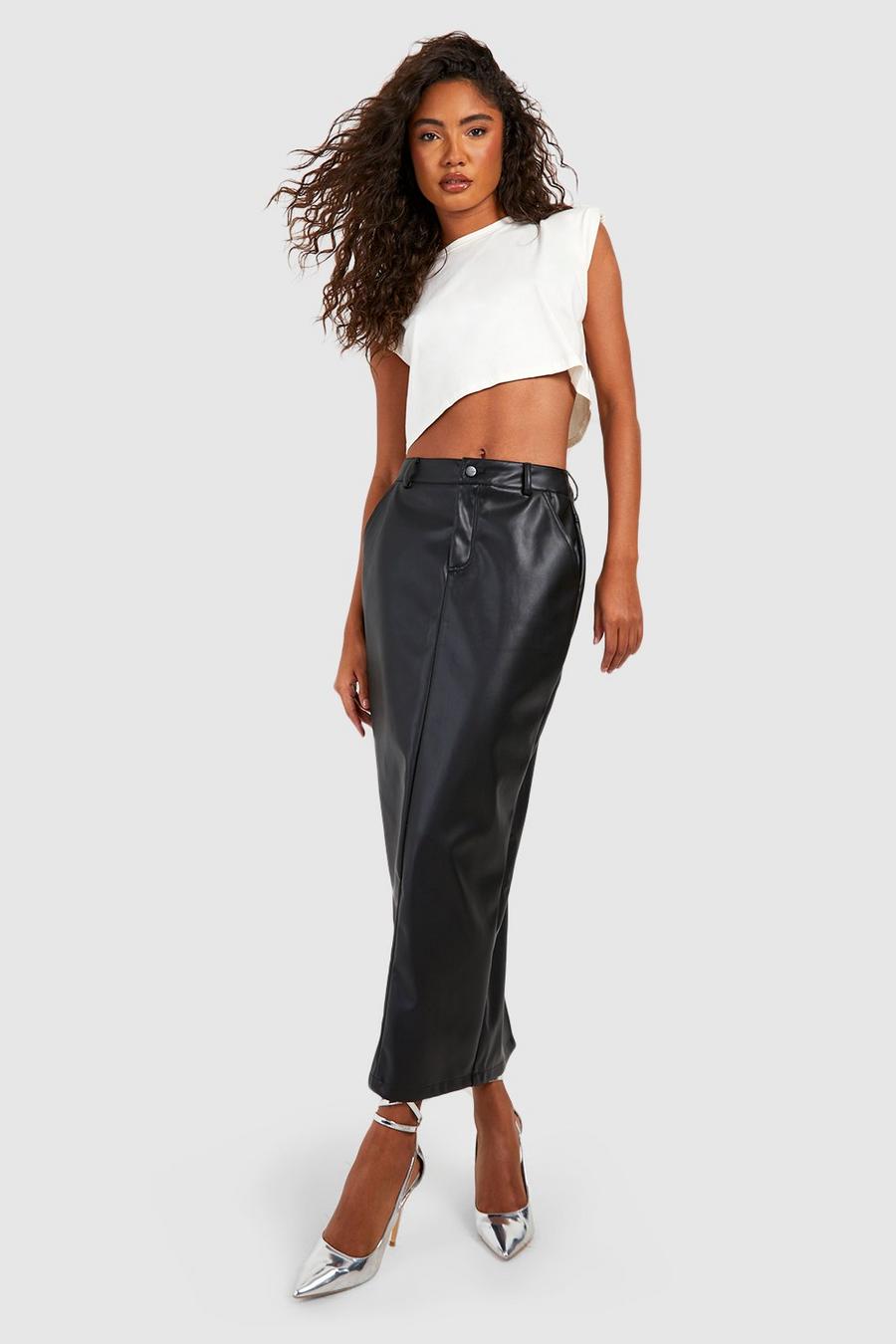 Black Tall Faux Leather High Waisted Midi Skirt image number 1