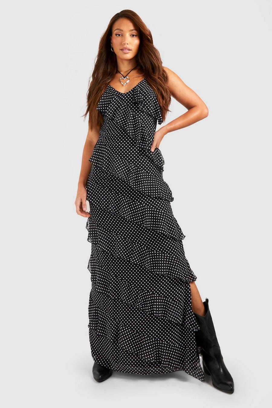 Black Tall Polka Dot Chiffon Ruffle Detail Maxi Dress image number 1