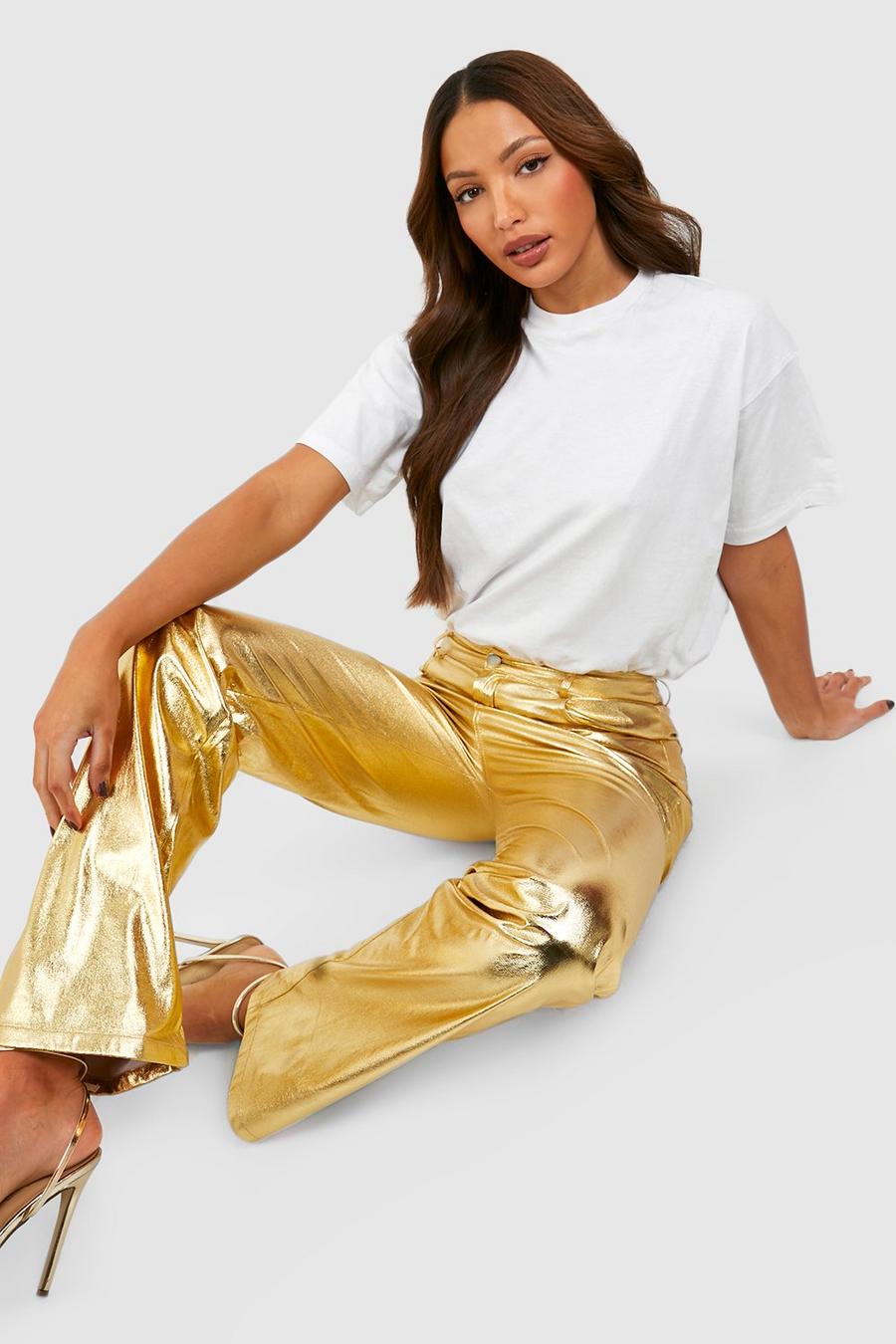 Pantaloni dritti Tall a vita alta effetto pelle metallizzata, Gold
