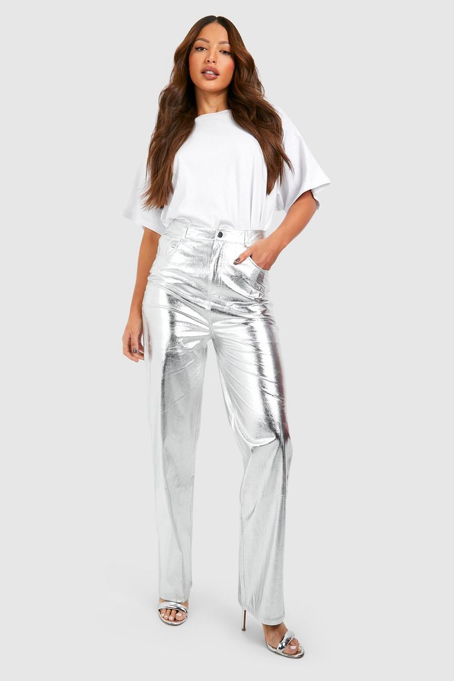 Silver Tall Metallic Leather Look High Waisted Straight Pants image number 1