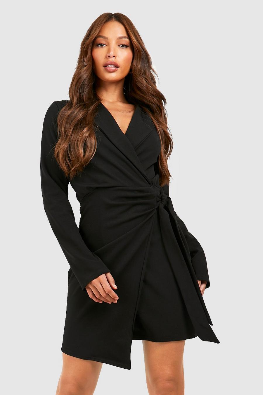 Black Tall Long Sleeve Wrap Over Blazer Dress