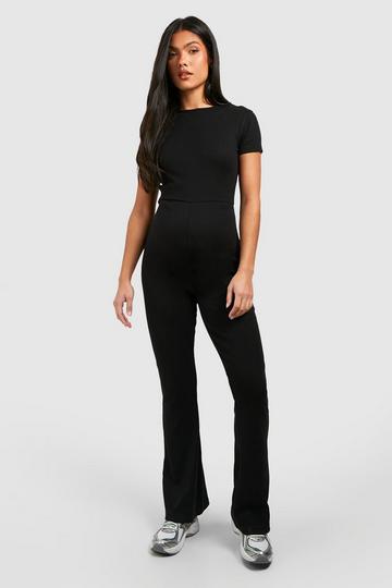 Zwangerschap Geribbelde Katoenen Jumpsuit Met Korte Mouwen En Wijd Uitlopende Pijpen black