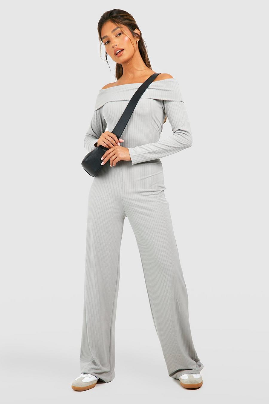 Grey Ribbad off shoulder-jumpsuit med vida ben image number 1