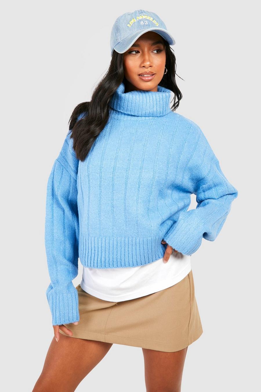 Blue Petite Knit Detail Turtleneck Sweater image number 1