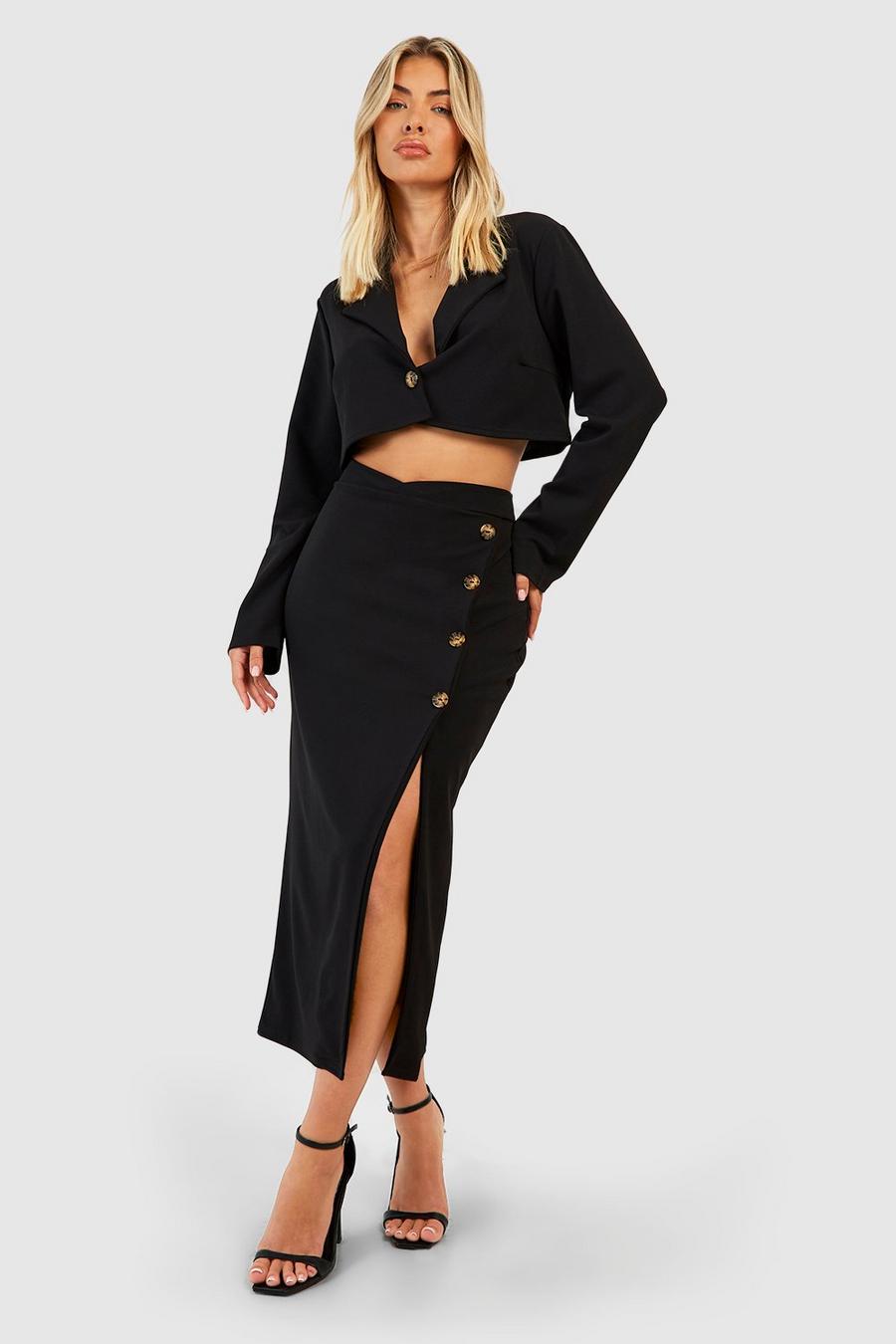 Black Crepe Button Front Thigh Split Midaxi Skirt 