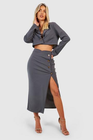 Crepe Button Front Thigh Split Midaxi Skirt charcoal